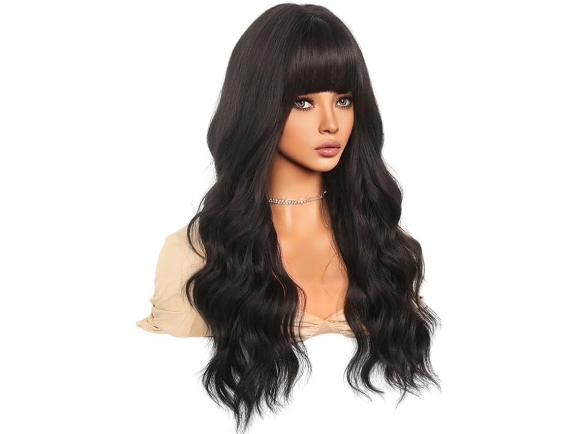 Peluca Rizada De Ondas Grandes, Cabeza Completa, Color Negro Natural, 64 Cm, 1 Juego.