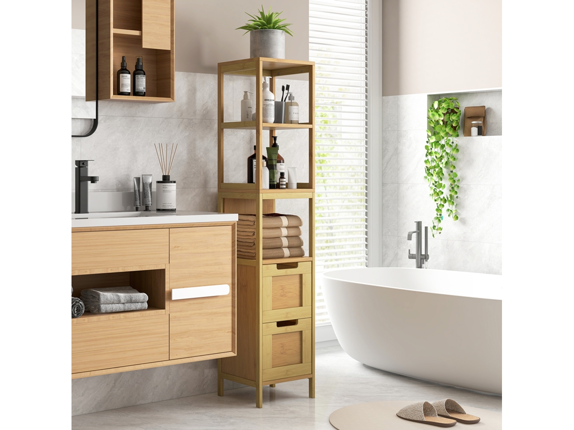 Armário Alto Para Banheiro Com 3 Prateleiras E 2 Gavetas, Em Bambu, Estilo Moderno, 30x30x144,3 Cm, Cor Natural.
