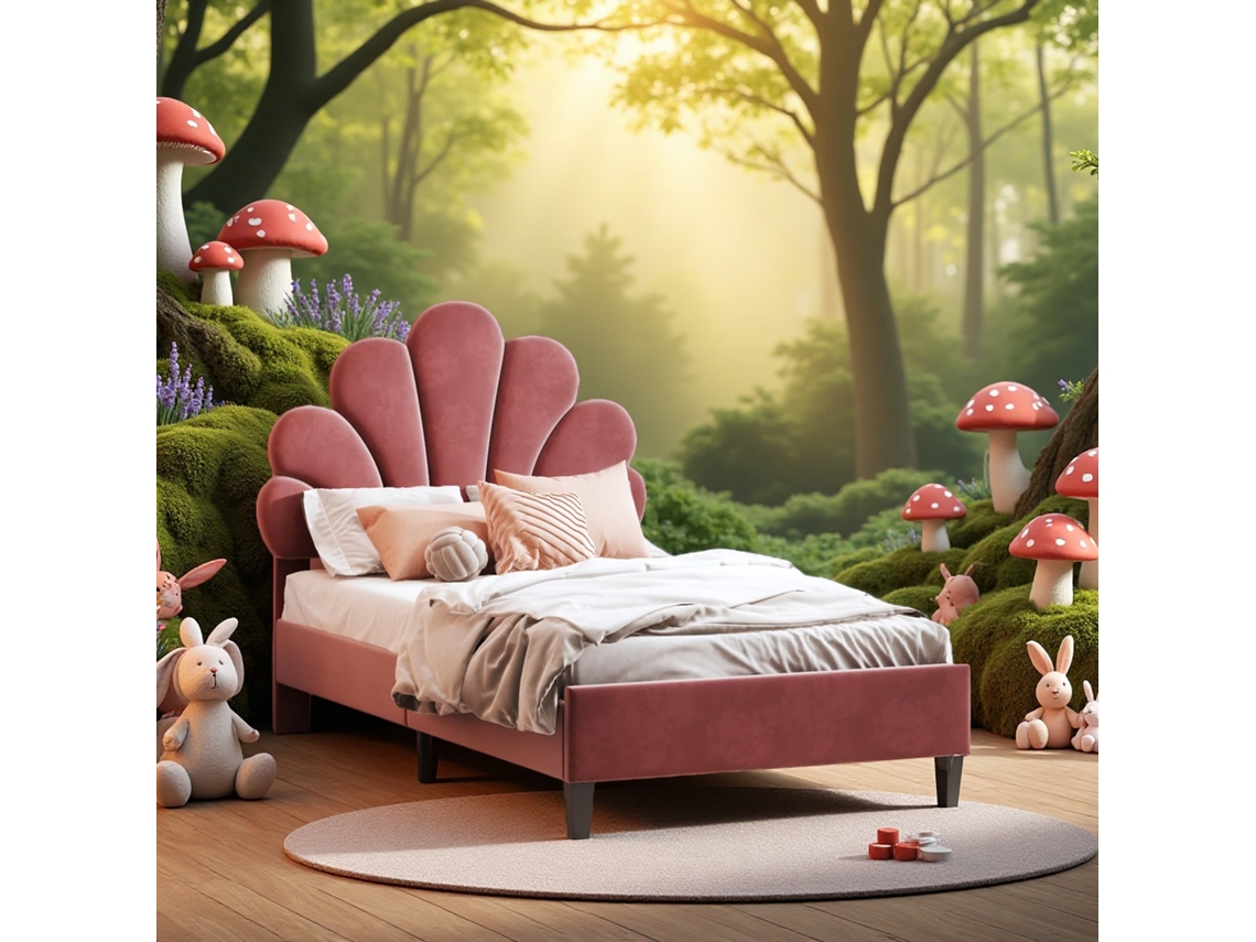 Cama Infantil Princesa 90x200cm Con Cabecera Pétalos De Terciopelo Vino Tinto, Cama Sencilla Diseño Corona Moderno Resistencia 200kg