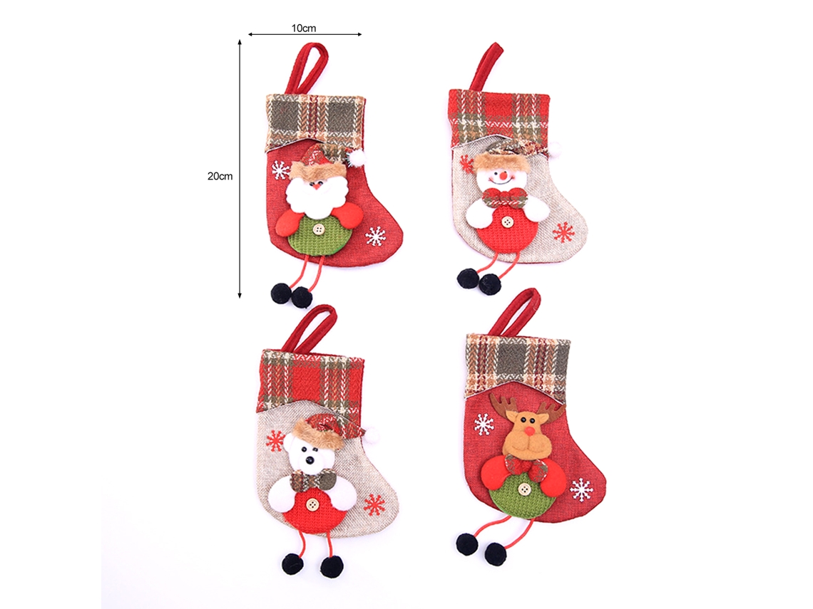 Pack De 4 Calcetines Navideños Con Personajes De Peluche 3d Y Asa De Peluche. Regalo De Decoración Navideña.