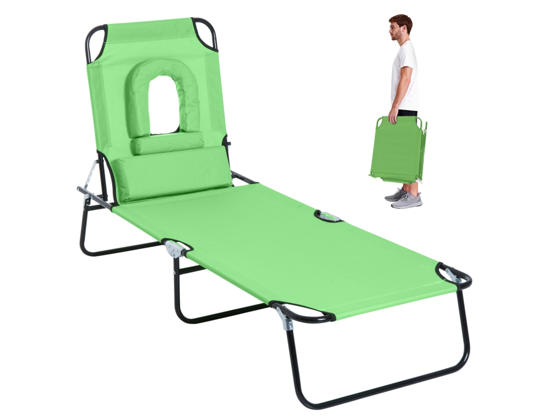 Tumbona Plegable, Orificio Facial, Cojín, Funda Hidrófuga, 187x58x36cm, Verde