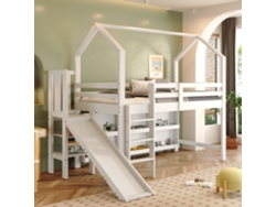 Cama Infantil De Madera De 90x200 Cm Con Tobogán, Escalera, Armario Y Estante Blanco.