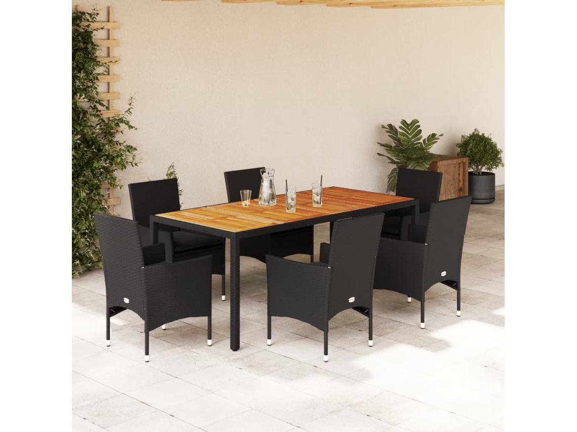 Juego de comedor de jardín de 7 piezas con cojines de mimbre de acacia negra de DKD Home Decor
