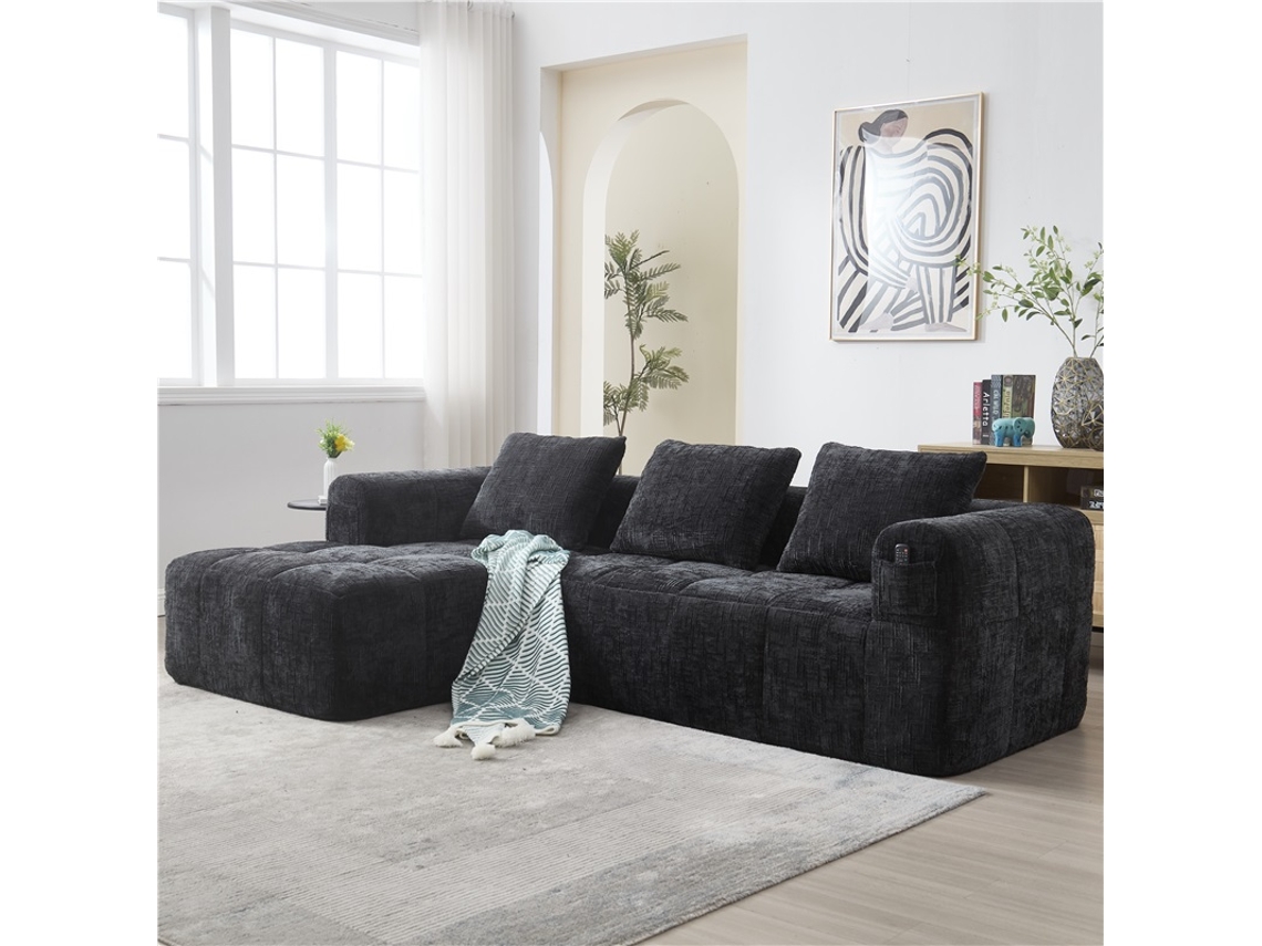 Sofá L 3 Plazas Chenilla Moderno Sin Montaje Chaise Longue Negro Cojines