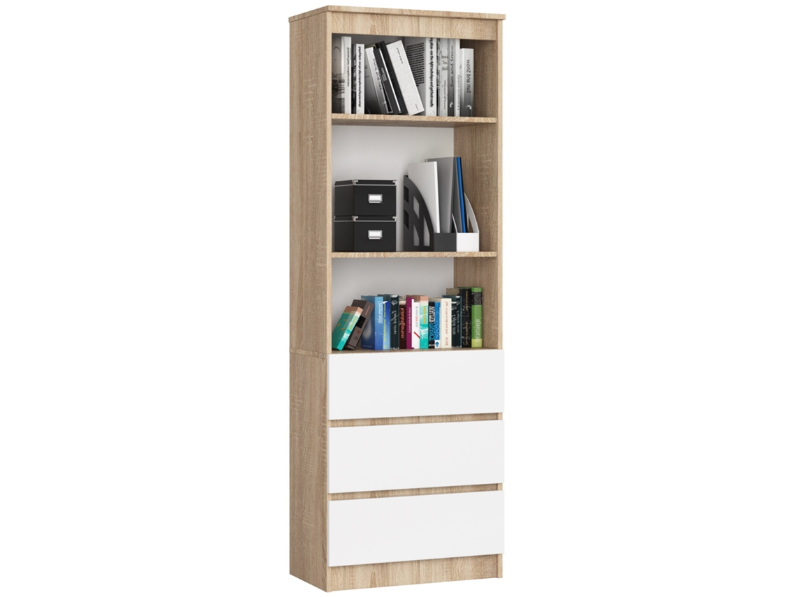 Librería Akord R60 Roble Sonoma 60 Cm 3 Cajones Frente En Color Blanco 3 Estantes 60x35x180 Cm