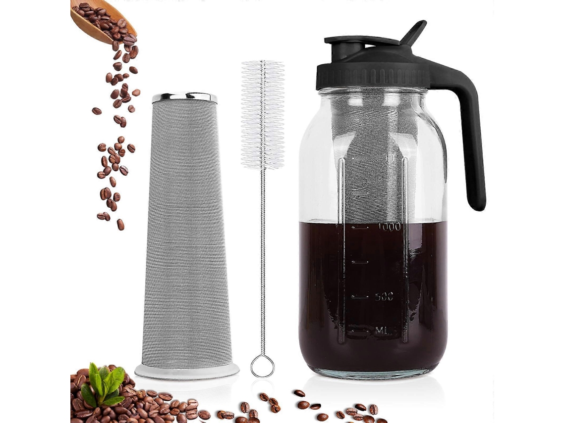 Cafetera para café frío en un recipiente de vidrio de 1,9 litros con filtro de acero inoxidable, tapa hermética y boquilla para servir té helado.