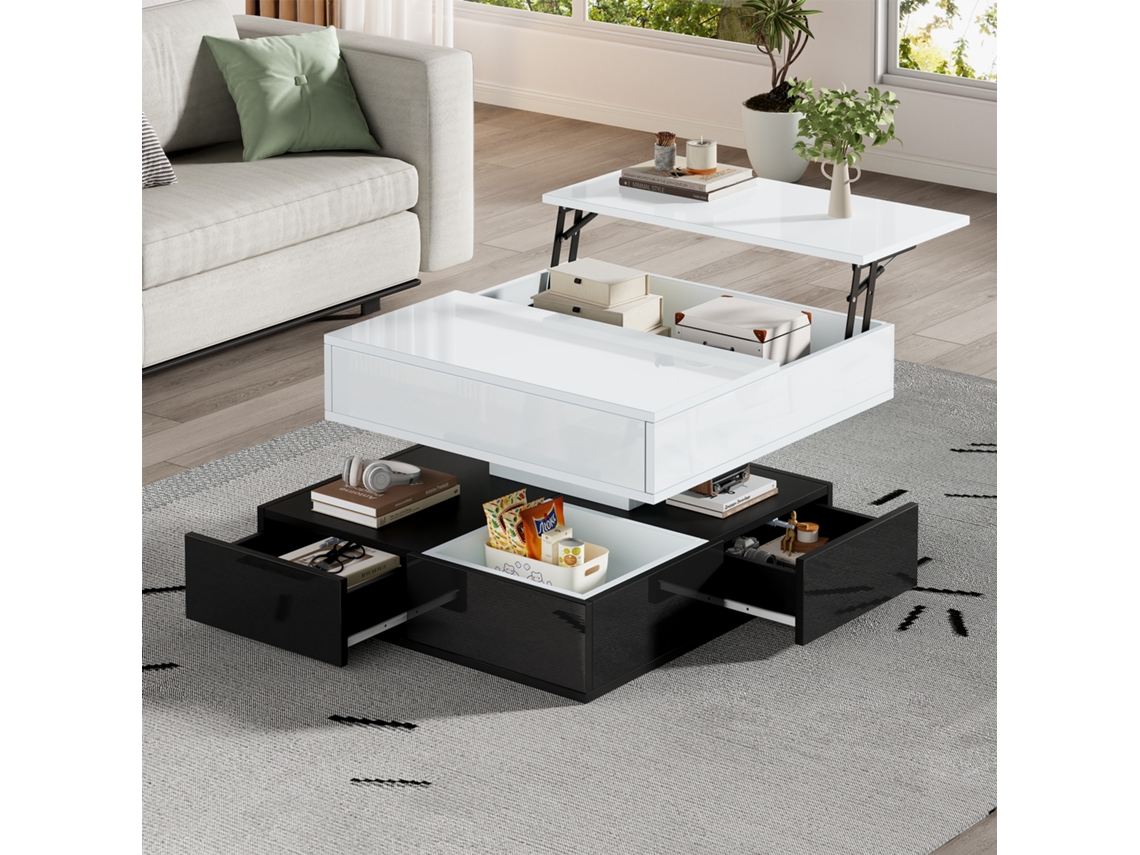 Mesa De Centro 70×70×40 Cm - Tablero Giratorio 360°, Doble Nivel Con 3 Cajones, Elevable - Blanco Y Negro