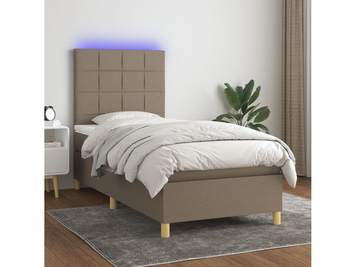 Cama Box Spring Colchón Y Luces Led Tela Gris Taupe 90x200 Cm