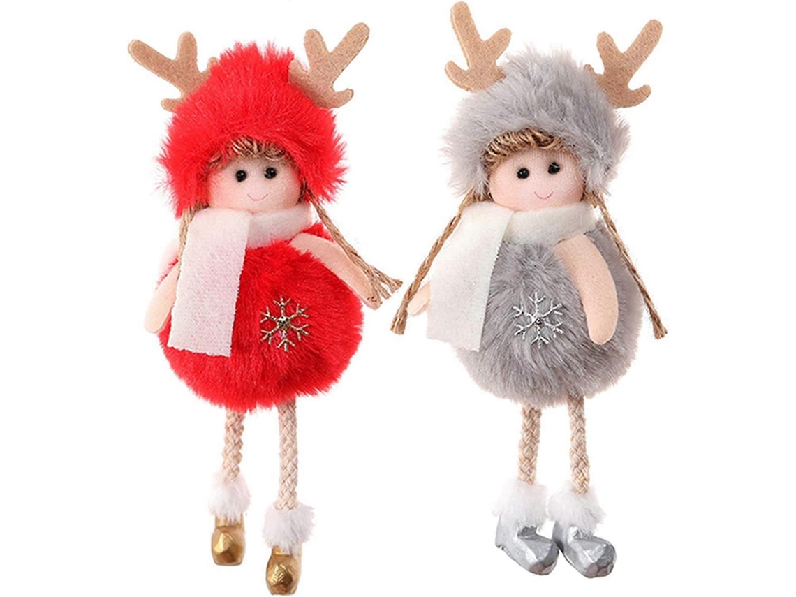 Omni-adornos Navideños 2 Piezas Muñecas Ángeles Elfos De Plush Rojo Y Gris Colgantes Para Árbol