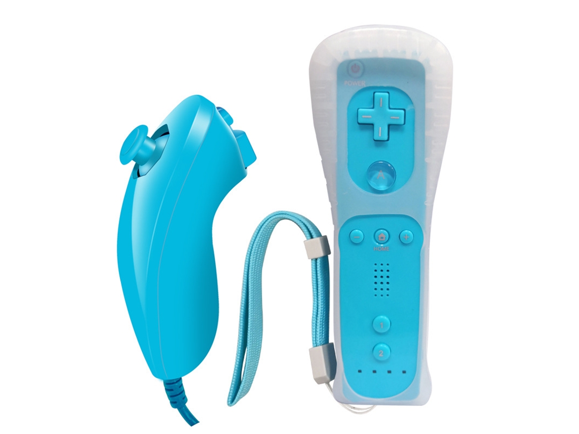 Mando de Wii recto azul claro YUNZII y mando curvo para zurdos con funda de silicona y correa para la muñeca (tipo pata de pollo)