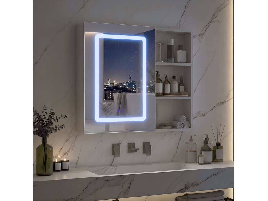 Armario Pared Espejo Baño Led 3 Tonos Antivaho, 1 Puerta 60,2x15,2x60,2 Cm, Enchufe Integrado, Estantes Ajustables, Blanco