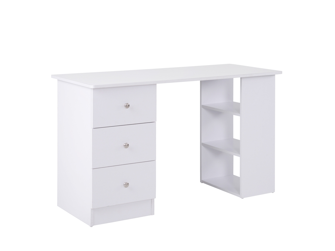 Escritorio De Ordenador Multimedia Con 3 Cajones Y 2 Estantes, Mesa De Oficina Blanca, 120x49x72 Cm