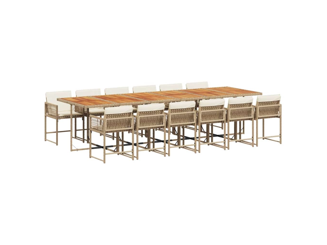 Juego de comedor de jardín de 13 piezas con cojines de mimbre, beige, EXCLUSIVO DE LA CASA (13 piezas)