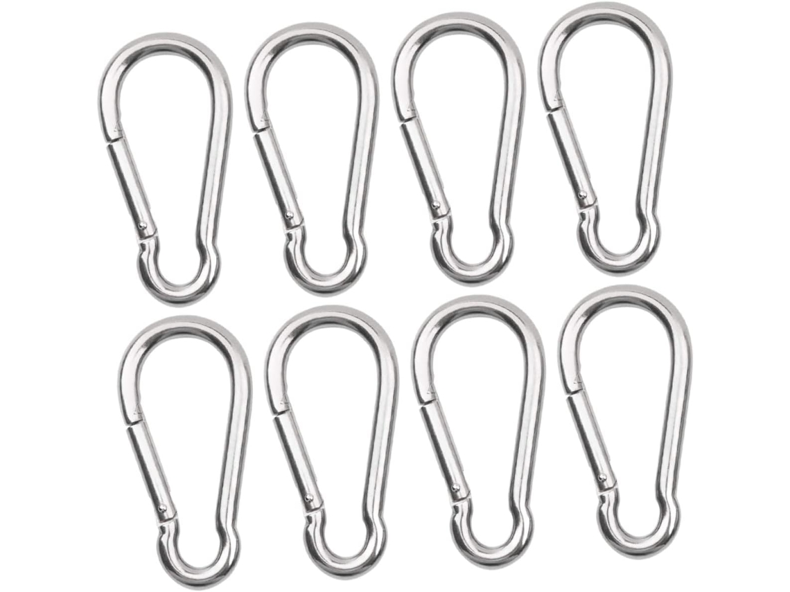 Juego de 8 mosquetones de acero inoxidable de alta resistencia para camping y senderismo, seguros y ligeros, en color plateado. Juego de 8 mosquetones Gokoco.