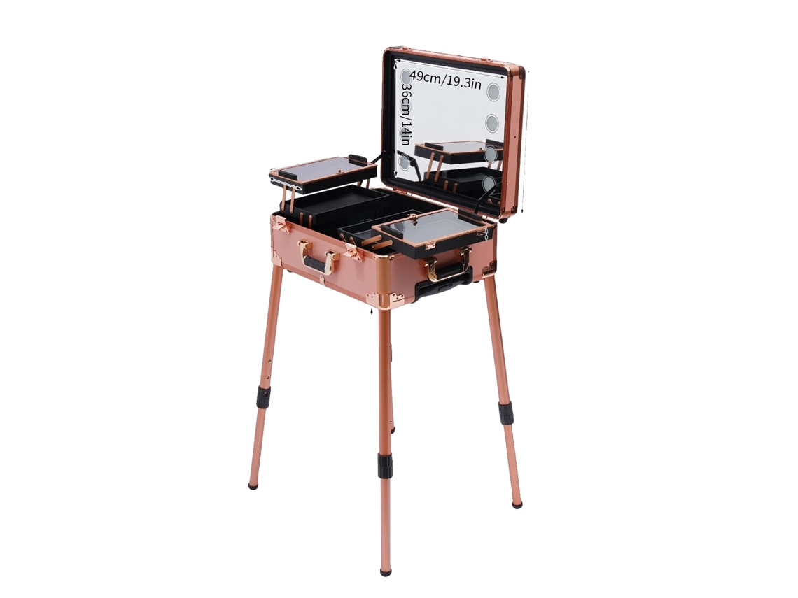 Estuche de maquillaje, construcción resistente, altura ajustable, oro rosa.
