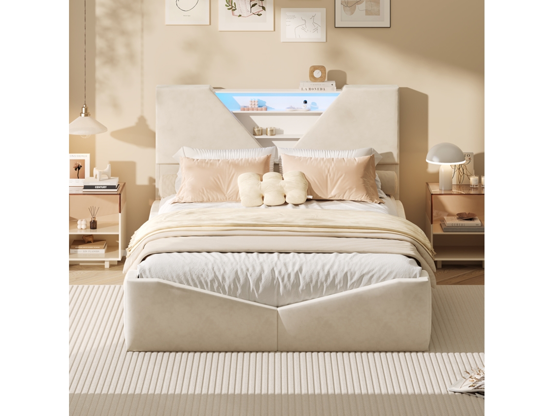 Cama De Matrimonio, 140x200 Cm, Tapizada Con Iluminación Led, Cabecero Con Almacenaje, Tejido De Terciopelo, Beige, Colchón No Incluido