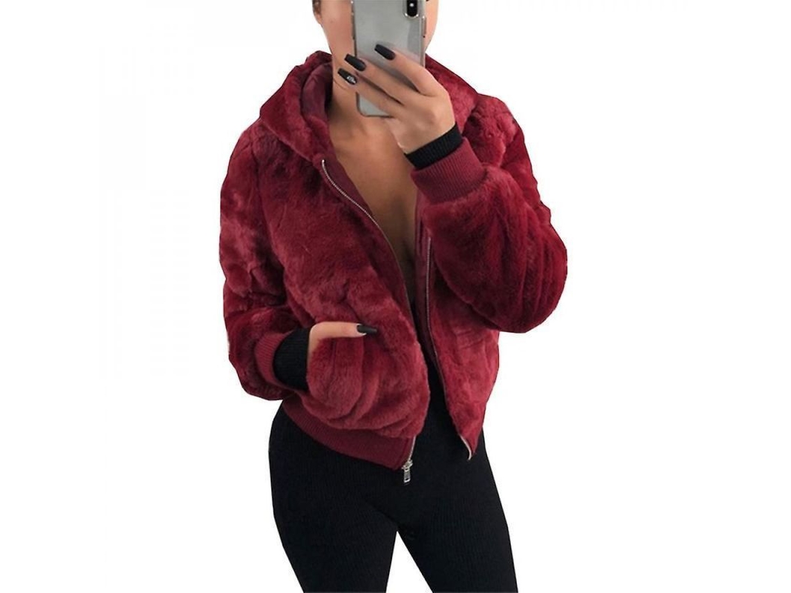 2026-chaqueta De Pelo Mujer Con Capucha Abrigo Polar Suave Outwear Agp S Rojo Vino