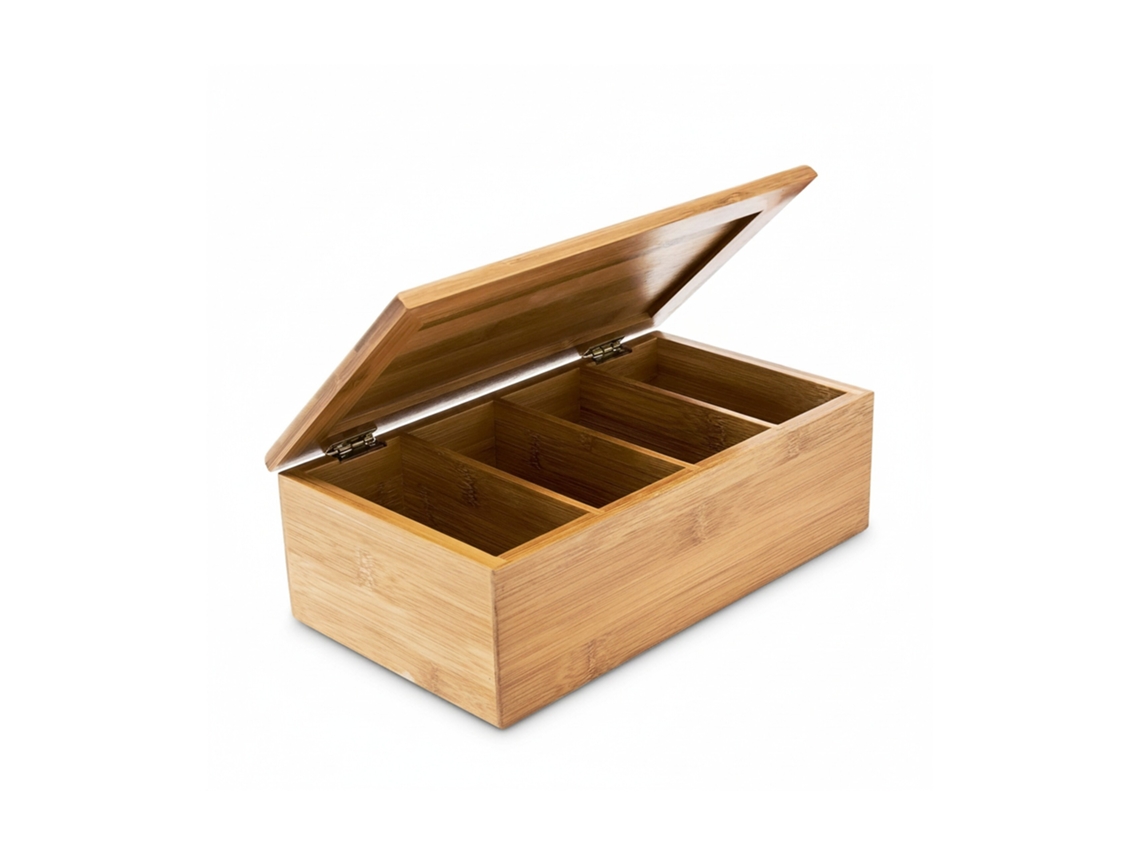 Relaxdays Caja De Té Bambú, Tea Box Con Tapa, 4 Compartimentos Para 80 Bolsas Infusiones, Cajita Joyas Madera, Natural