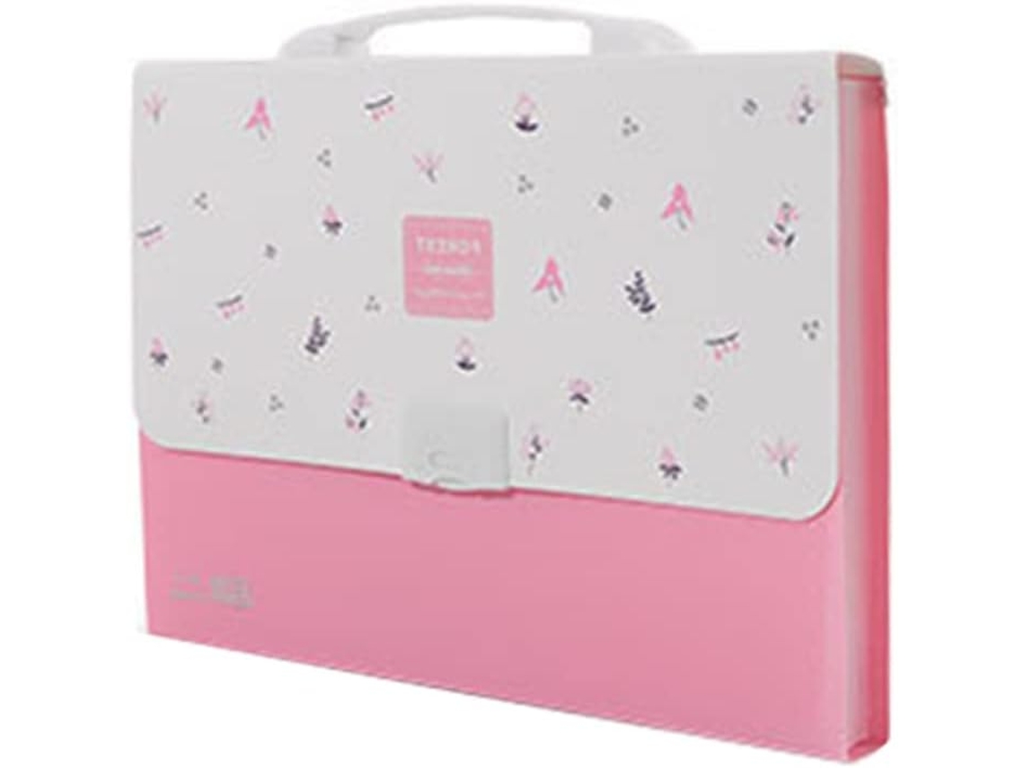 Carpeta portátil rosa para oficina y escuela, organiza y almacena documentos importantes.