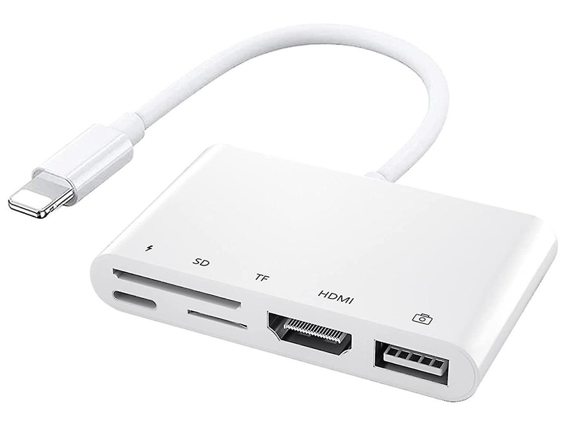 Adaptador HDMI 5 en 1 con iluminación, alimentación USB, lector de tarjetas SD/TF, cámara USB, HDMI 1080p, compatible con teléfono, teclado y televisor (blanco) Yizhood