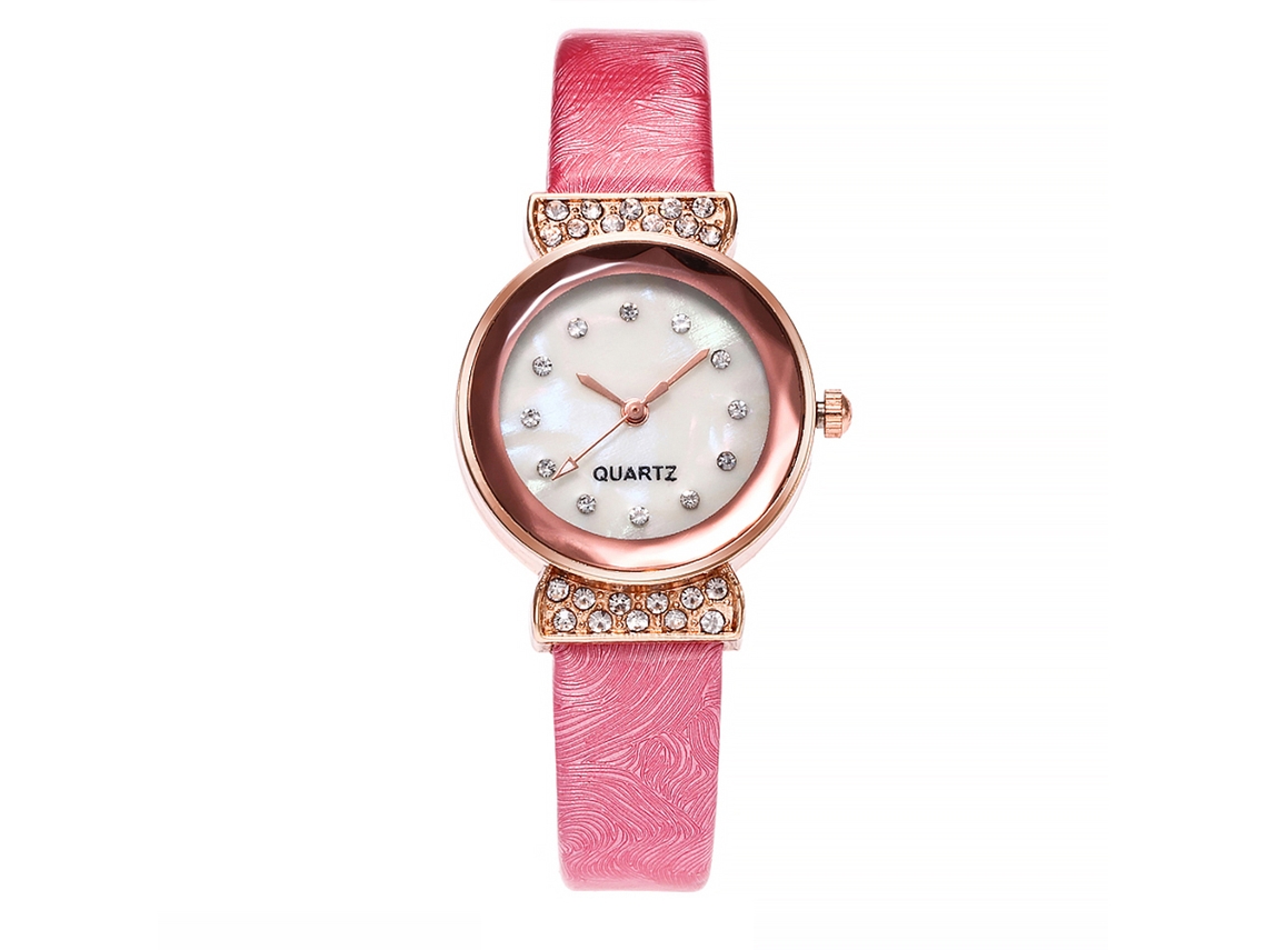 Reloj De Pulsera De Cuarzo Para Mujer Con Diamantes De Imitación, Correa De Piel Sintética, Esfera Rosa Pequeña, Vansvar