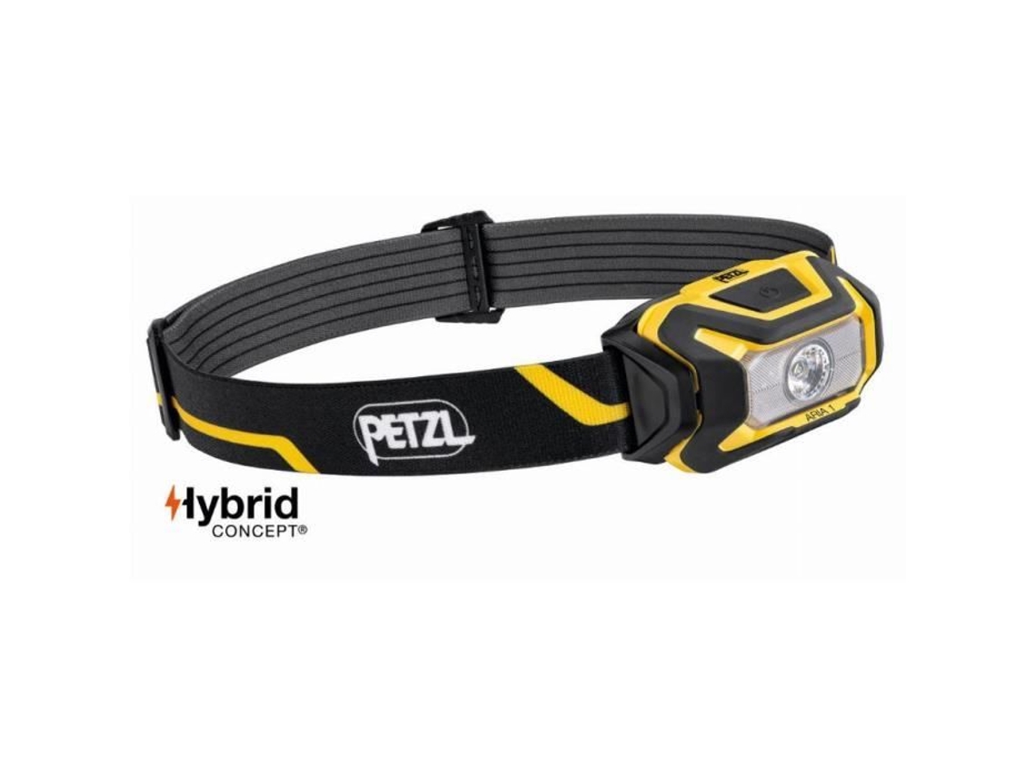Linterna frontal compacta impermeable Aria 1 de 350 lúmenes, color negro y amarillo. Pilas: E069aa00 Petzl.