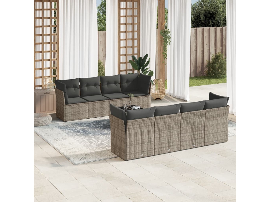 Conjunto de sofá de jardín de 9 piezas con cojines, mimbre gris, DKD Home Decor