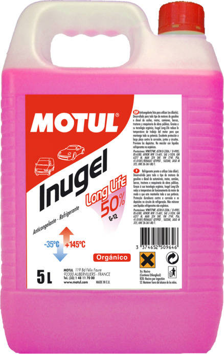 Refrigerante Motul Inugel long life 50 g12 rosa 5 litros anticongelante 35ºc 30 20 15