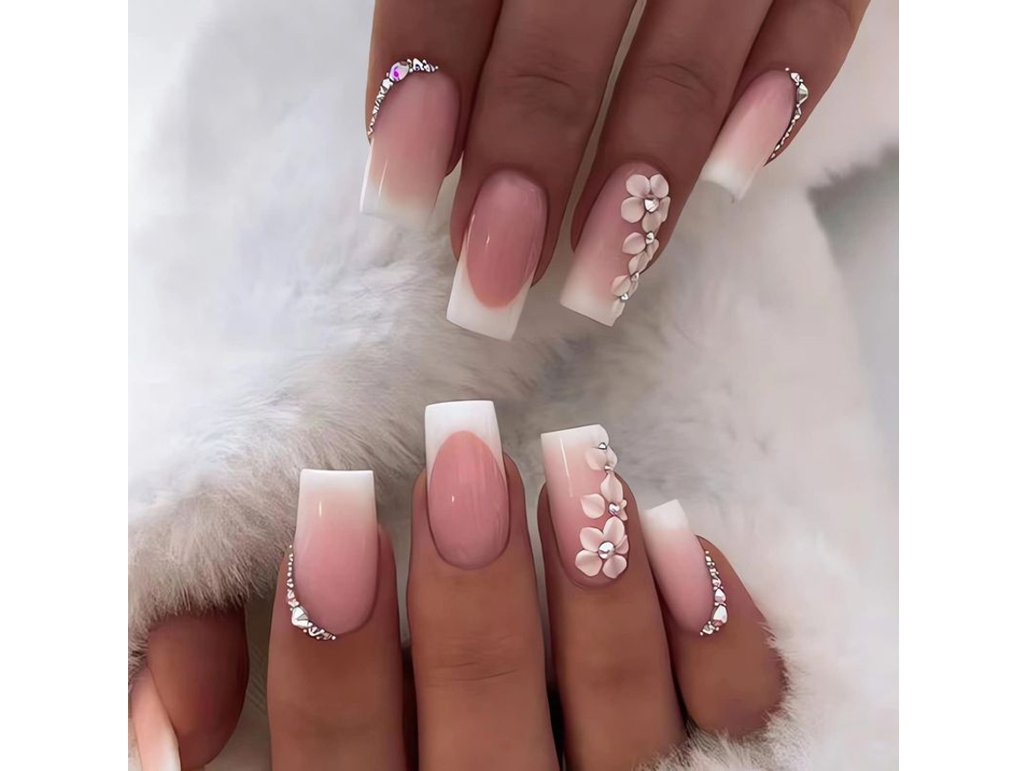 Uñas Postizas Cuadradas Medianas De Color Rosa Con Punta Francesa Y Diamantes De Imitación A Presión, Hechas De Acrílico Brillante.
