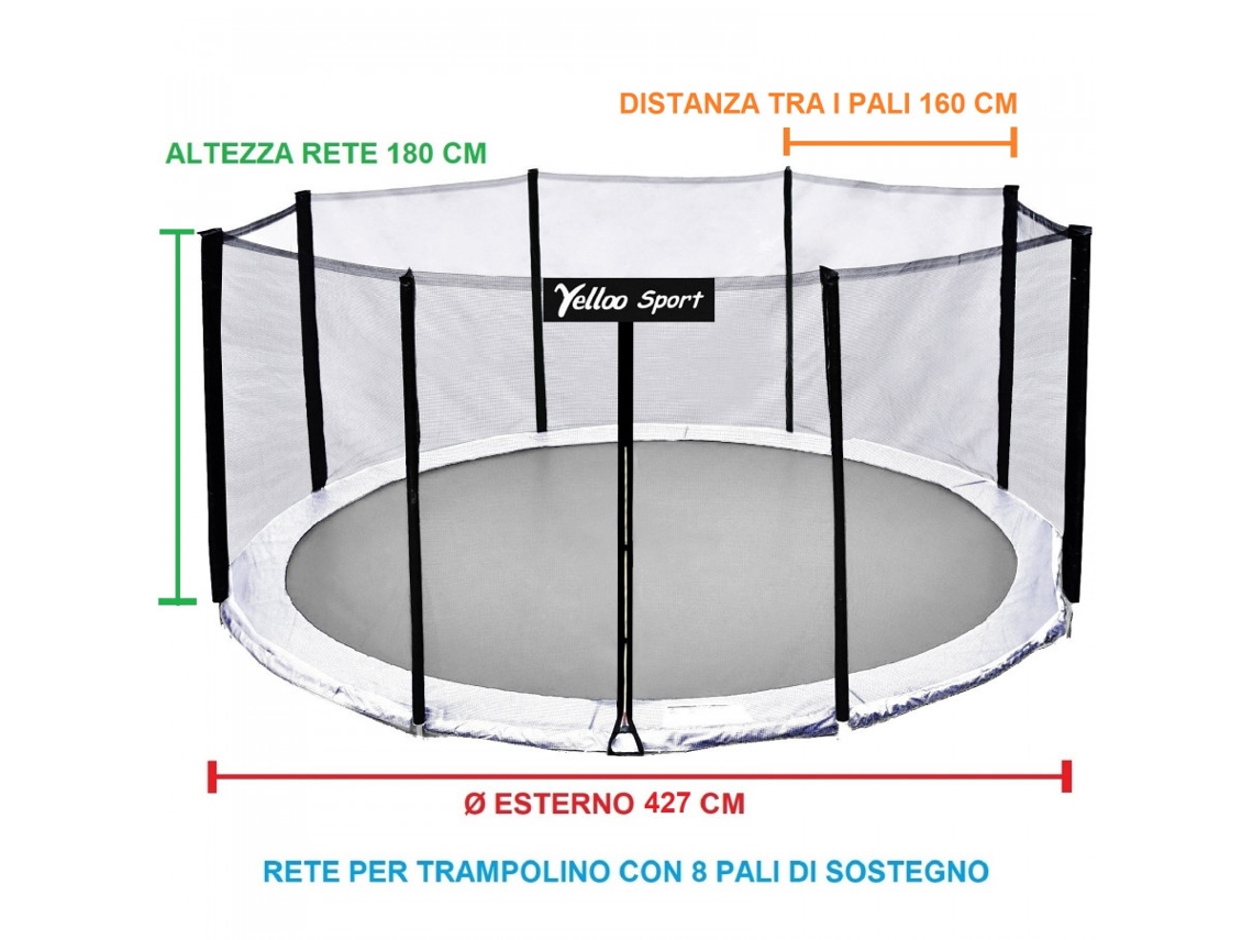 Red de seguridad exterior para trampolín de 427 cm de diámetro y 8 postes. Certificación CE, TUV y GS. Amarilla.