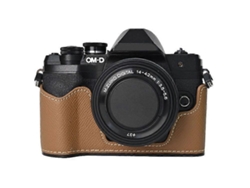Estuche para cámara Olympus OM DE M10 Mark IV con ranura para batería y textura de palma, cuero sintético, cubierta inferior con funda protectora de medio cuerpo