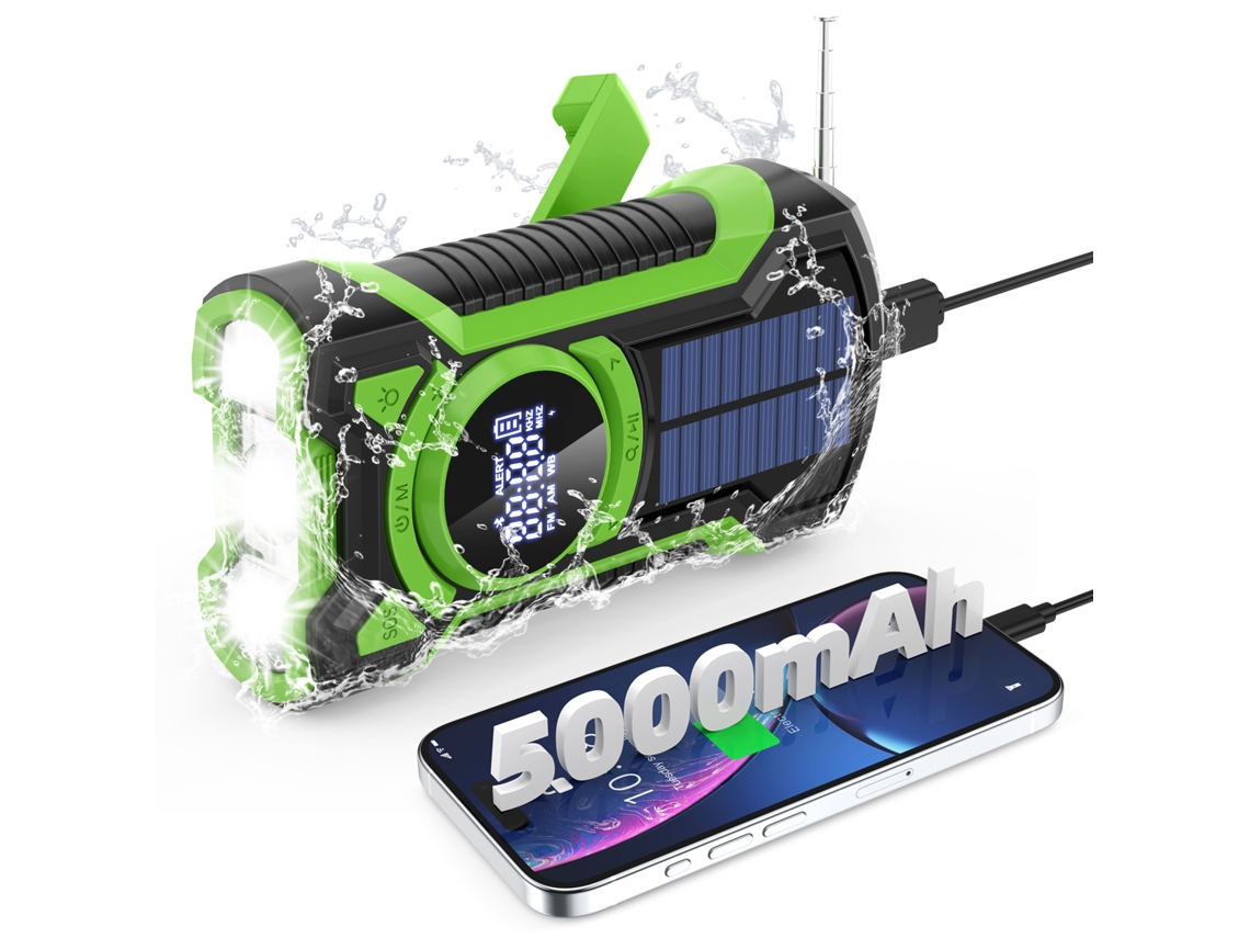 Radio de emergencia Viewleaf de 5000 mAh con manivela y energía solar, resistente al agua IP65, radio portátil con alerta meteorológica AM/FM/NOAA y Bluetooth 5.3