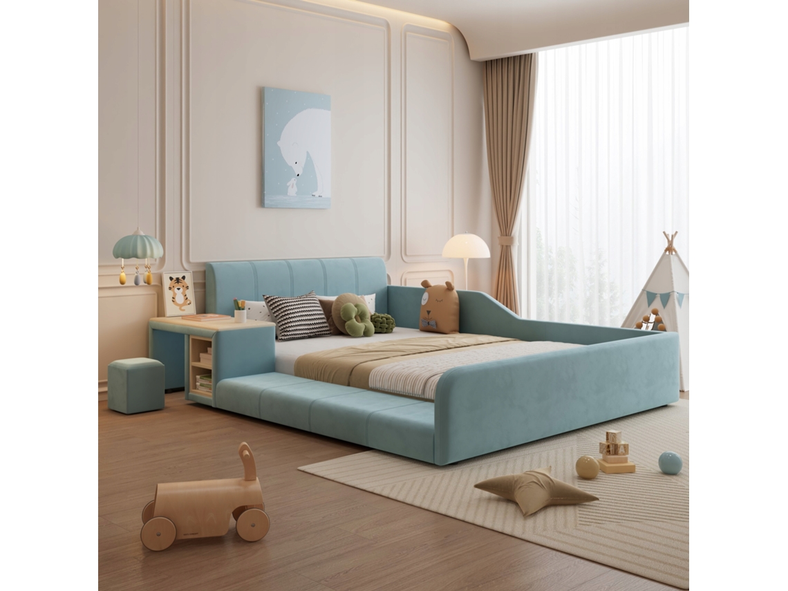 Cama Individual Arhatreya Con Escritorio Infantil, Asiento Y Somier (140x200 Cm - Azul)