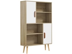 Librería escandinava con 4 nichos, 2 armarios y patas angulares, fabricada en madera de roble.