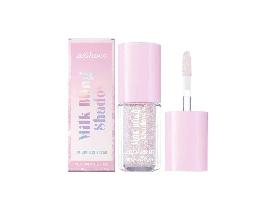 Sombra de ojos líquida nacarada con purpurina rosa y morada.