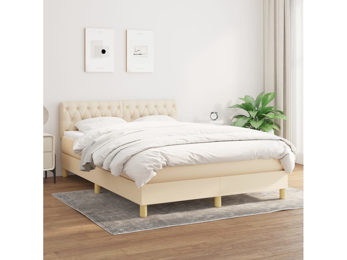Cama Box Spring Con Colchón Tela Color Crema 140x190 Cm