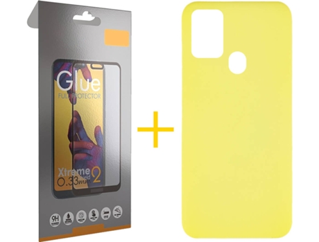 Funda y Protector de Vidrio Full 1x Samsung Galaxy A21s SKYHE Silicona Líquida Amarillo