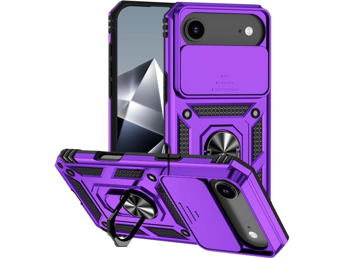 Funda magnética AEUZWR compatible con iPhone 16e con protector de cámara y soporte integrado en color plata