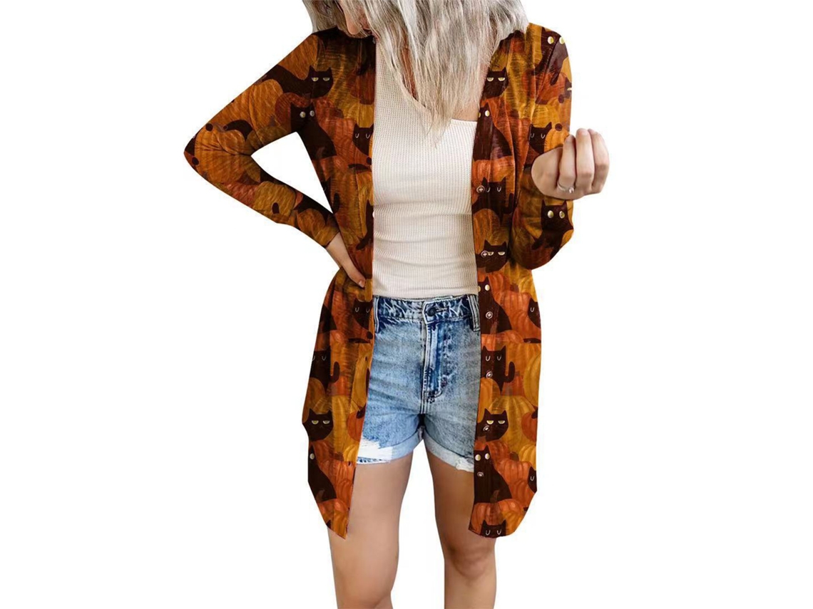 Manta Abierta Para Mujer Para Halloween, Manga Larga, Ligera, Suave, Informal, Otoño, Naranja, Xl