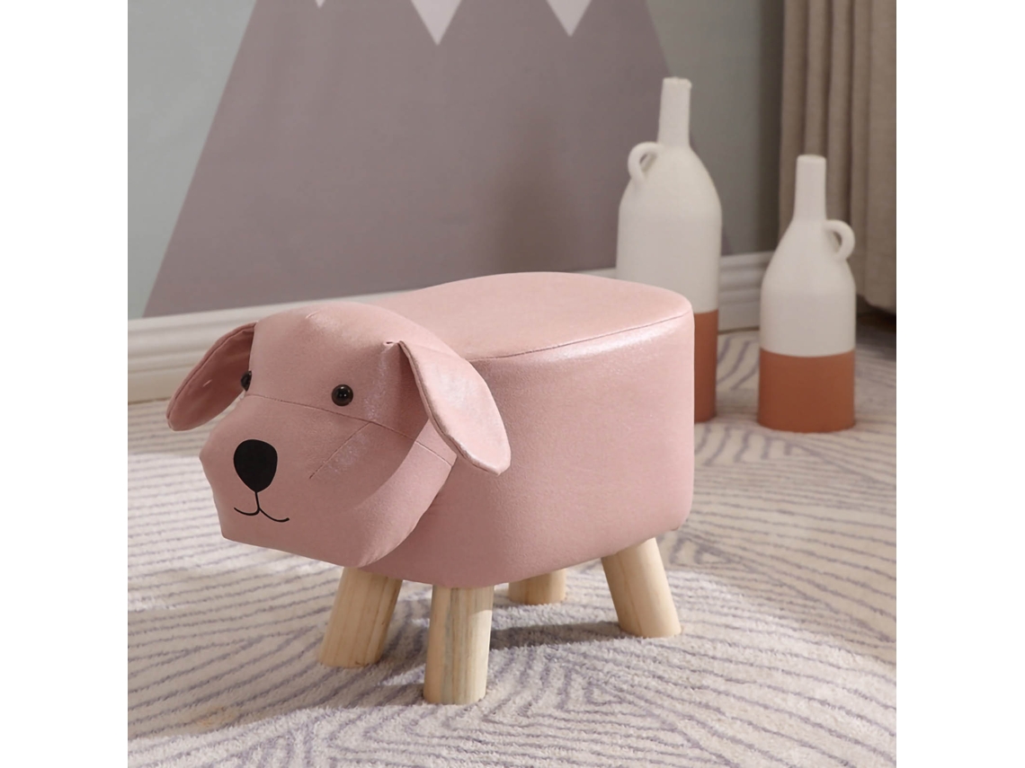 Taburete bajo de madera para niños, adorable perro rosa