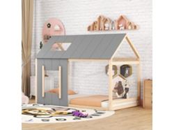Cama Infantil Con Forma De Cabaña, 90x200 Cm, Con Techo Y Ventana, Estructura De Madera, Diseño Gris Natural, Colchón No Incluido.