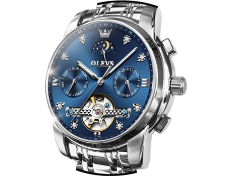 VEANXIN Reloj hueco automático para hombre Calendario clásico Reloj de acero inoxidable resistente al agua(azul plateado)