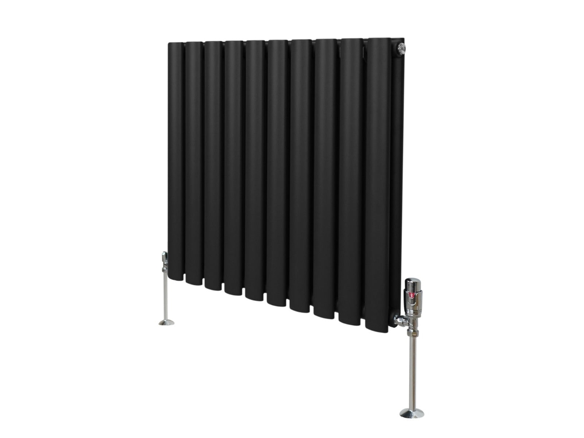 Radiador de columna ovalado negro de 600x600 mm en acero al carbono con 2684 BTU, triple revestimiento y conjunto de válvula.