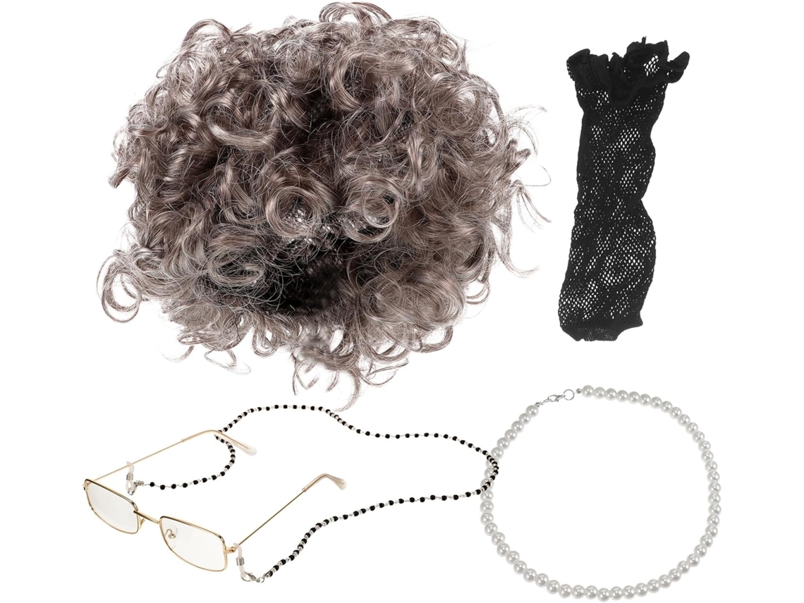 Disfraz De Anciana De Ciieeo Con Peluca Corta Gris Y Collar, De Cosplay Para Actuaciones.