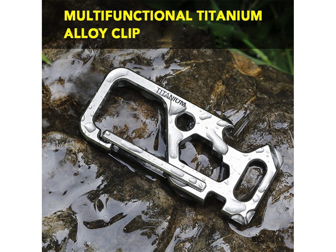 Herramienta multiusos de titanio con abrelatas y llave para bicicleta.