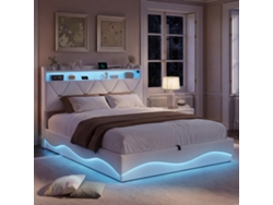 Cama Doble Tapizada De 140 X 200 Cm, Cama Hidráulica Con Led Y Usb Tipo C, Cama Para Apartamentos Pequeños, Beige, Tejido De Terciopelo