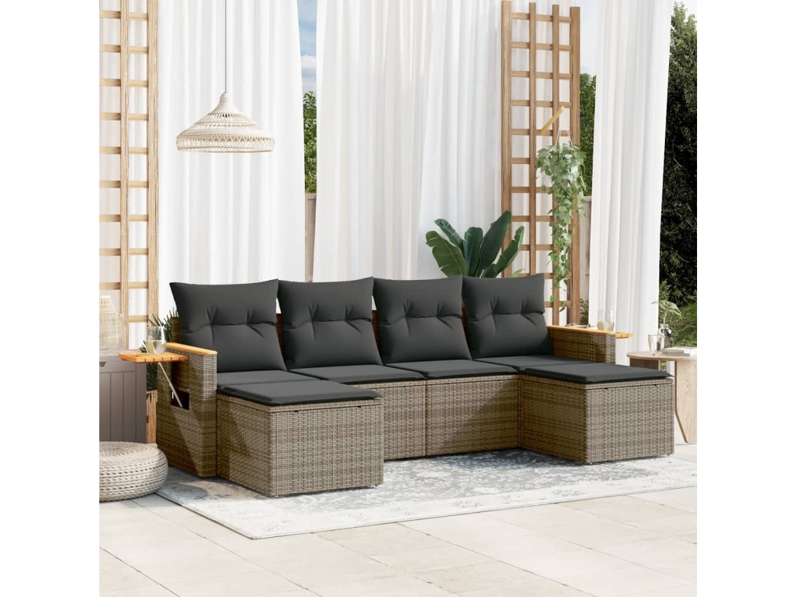 Conjunto de sofá de jardín de 6 piezas con cojines de mimbre gris, Dkd Home Decor
