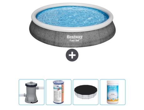 Piscina hinchable redonda Fast Set BESTWAY - Estampado ratán - 396 x 84 cm - Bomba incluida Filtrar - Cubrir - Cloro