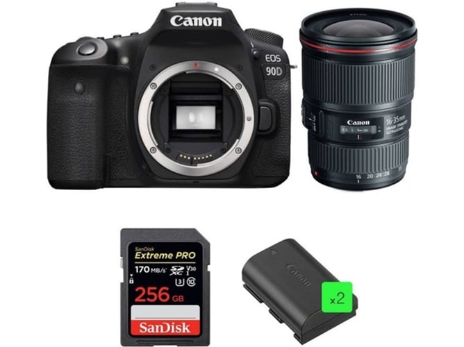 Kit Cámara Réflex CANON EOS 90D + EF 16-35mm f/4L IS USM + SanDisk 256GB + 2 LP-E6N