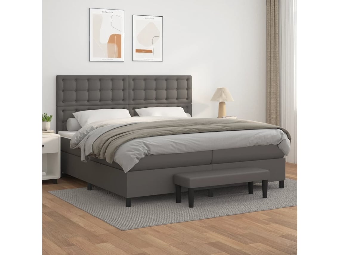 Cama Box Spring Con Colchón Cuero Sintético Gris 200x200 Cm